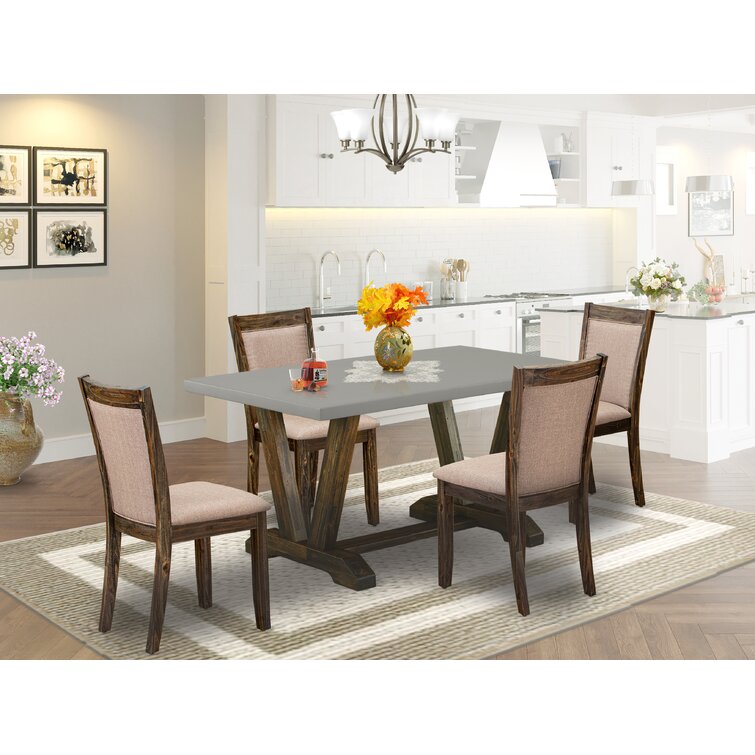 Modern Dinette Set A Wooden Dining Table and Dark Khaki Linen Fabric Kitchen Chairs with High Back